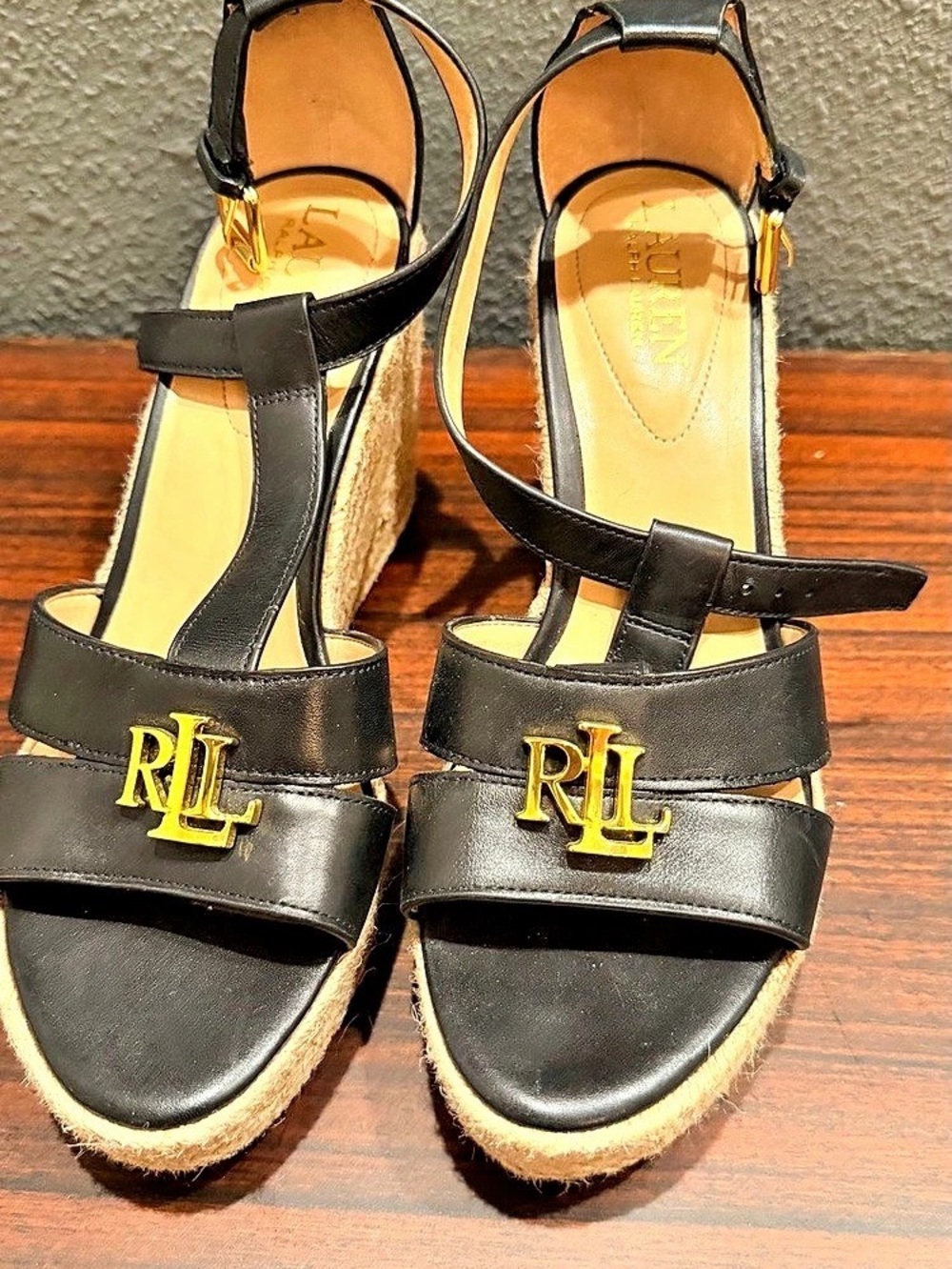 Lauren Ralph Lauren Black Leather Wedge Sandals